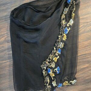 Vintage Avante Garde/Art Deco Style Black Scarf with Blue, Gold & Silver Sequins
